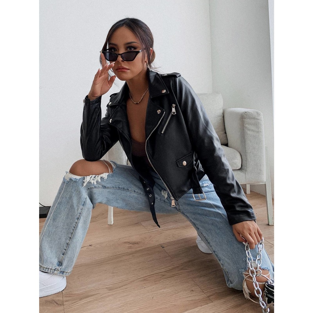 minimalist belted vegan Leather Jacket motorcycle jacket moto black - Picture 5 of 7